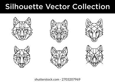 A collection of six minimalist geometric wolf head silhouettes in black and white.