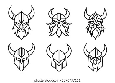 A collection of six minimalist line art designs depicting various styles of horned Viking helmets and heads.