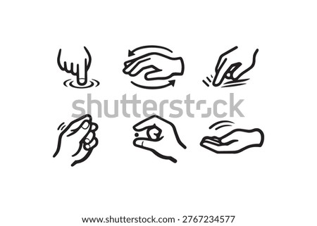 A collection of six minimalist line art icons depicting various hand gestures including tap rotate swipe grasp pinch and wave for user interface design