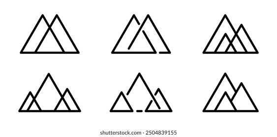 Collection of six minimalist mountain icons featuring geometric triangular peaks, ideal for logos, nature themes, and design elements.