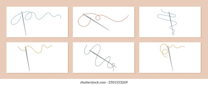 A collection of six minimalist needle and thread illustrations in various colors and patterns. Perfect for sewing, crafting, and textile design concepts, also for tailors and crafters projects.