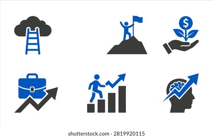 A collection of six minimalist vector icons depicting business success, career advancement, financial growth, and strategic development concepts.