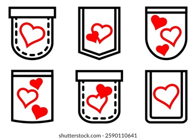 A collection of six minimalist vector pocket designs with red hearts, perfect for Valentine's Day, love-themed crafts, embroidery, and digital designs. Clean black outlines with romantic elements.