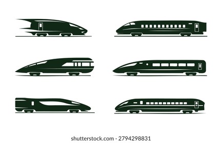 Collection of six modern highspeed train silhouettes in different designs on white background