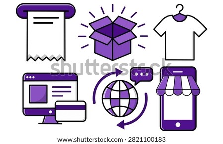 Collection of six modern icons representing online retail, mobile shopping, global shipping, and secure payments for digital business applications and marketing.
