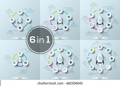 Collection of six modern infographic design templates. White round elements with thin line icons and text boxes placed around space rocket flying up. Concept of startup launch. Vector illustration.