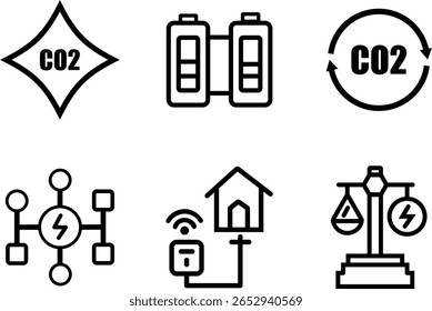A collection of six modern, minimalist line art icons representing concepts like CO2 emissions, energy storage, smart home technology, and energy balance, suitable for environmental or technology them