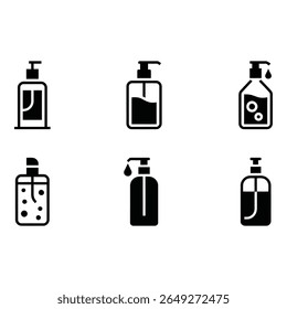 Collection of Six Modern Soap Dispenser Icons Minimalist Black Glyph Style Clean and Simple Design for Hygiene and Wellness Branding