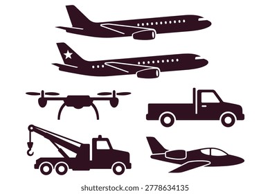 Collection of six monochrome vector icons showcasing various transportation vehicles including airplanes drone truck towtruck helicopter for branding design and commercial use