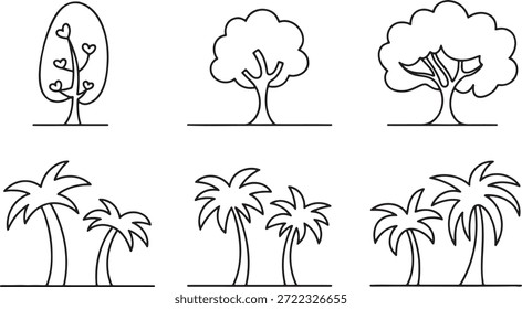 Coleção de seis elementos da natureza desenhados com um estilo de arte de linha contínua única. Inclui árvores decíduas estilizadas com corações e várias silhuetas de palmeiras tropicais. Contornar gráficos vetoriais para design de paisagem ou botânica.