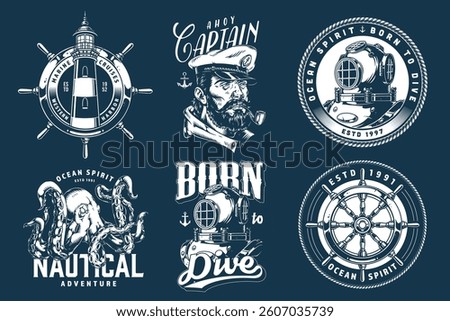 A collection of six nautical illustrations showcasing elements like a captain an octopus diving gear and ship wheels celebrating sea exploration and adventure.