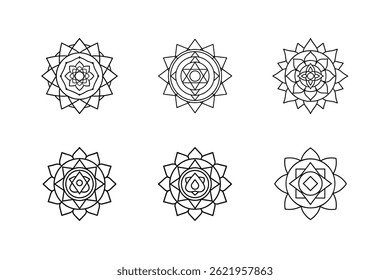 Collection of six ornamental mandala designs in simple geometric black and white style