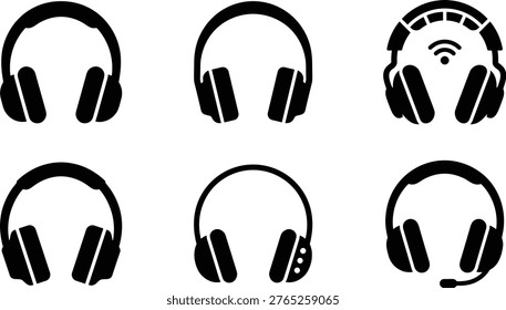 Collection of six outline icons representing different types of headphones including wireless and gaming styles