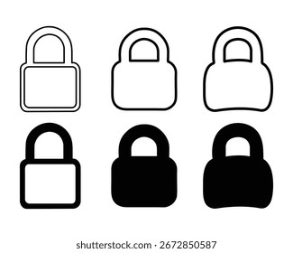Coleção de seis ícones de cadeado em diferentes estilos para conceitos de segurança e privacidade