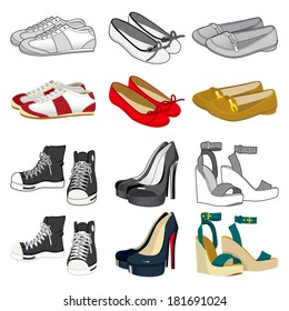 Collection of six pairs of woman shoes on black and white and color version isolated on white background