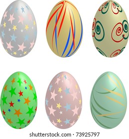 Collection of six pastel colored 3D Easter Eggs with delicate star, swirl and stripe design illustration vector