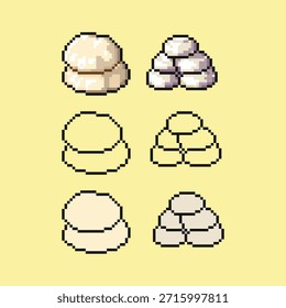 Uma coleção de sprites de arte de seis pixels representando pilhas de pães cozidos a vapor tradicionais (Mantou). O conjunto apresenta três estilos artísticos diferentes: sombreamento texturizado, arte de linha limpa e cores planas.