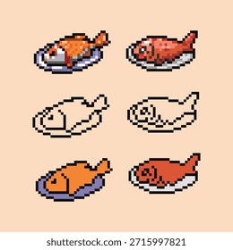 Una colección de sprites artísticos de seis píxeles que representan un pescado entero al vapor servido en un plato. El conjunto incluye varios estilos artísticos, como renders texturizados de alto detalle, contornos de líneas limpias y diseños de colores planos.