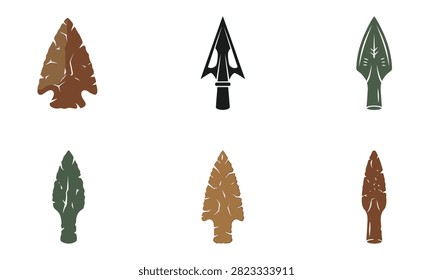 Collection of six primitive arrowheads in various colors and styles on checkerboard background.