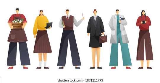 A collection of six professions. Gardener, teacher, doctor, photographer, secretary. Group of people of different professions isolated on white background. Vector illustration