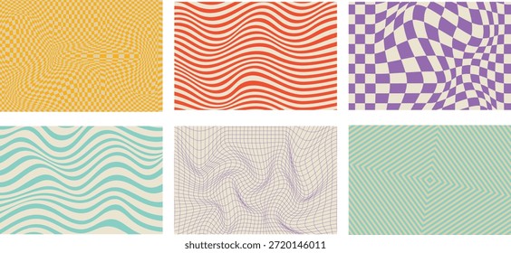 Die Kollektion von sechs psychedelischen abstrakten geometrischen Mustern präsentiert verschiedene Retro-Wave- und Warped-Schachbrettstile mit lebendigen, aber stumpfen Vintage-Farbpaletten, perfekt für moderne digitale Hintergründe oder expressive Grafikdesign-Projekte.
