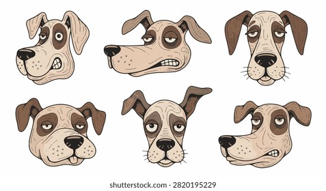 Collection of six quirky dog head illustrations with various grumpy and tired expressions, hand-drawn vintage style cartoon pet characters isolated on a white background.