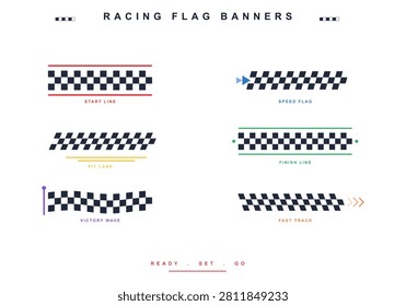 A collection of six racing flag banners featuring checkered patterns, including start line, speed flag, pit lane, finish line, victory wave, and fast track designs.