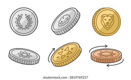 Collection of six realistic game coins in gold, silver, and bronze colors with lion, laurel, and star designs.