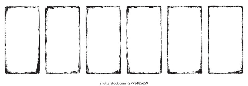 Collection of six rectangular frames with rough, distressed edges, hand-drawn style, perfect for borders, labels, or decorative elements.