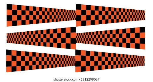 A collection of six rectangular strips featuring a repeating orange and black checkerboard pattern. Each strip has a unique perspective distortion, creating a 3D illusion of depth and motion.