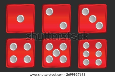 A collection of six red dice, each displaying a different number from one to six, arranged neatly on a dark background, illustrating various outcomes for games of chance.