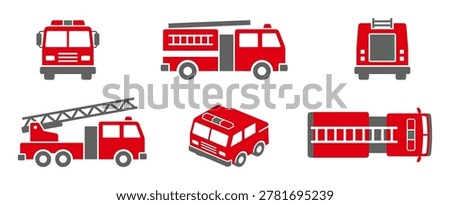 Collection of six red fire truck icons shown from different angles including front, side, top, and isometric views in a simple flat graphic illustration style for emergency concepts