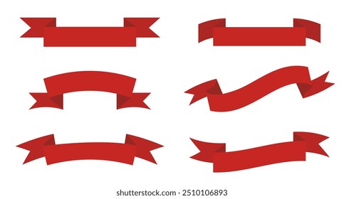 A collection of six red ribbon banner vector designs in various styles, perfect for decoration and graphic projects.