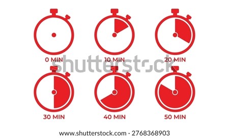Collection of six red stopwatch icons. Timer set from zero minutes up to fifty minutes. Simple flat design representing time and intervals.
