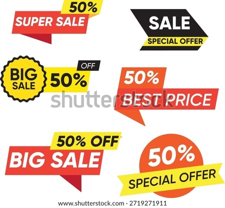 Collection of six red yellow and black sale offer banners discount percentage
