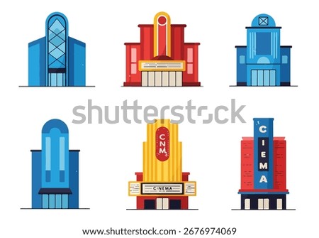 Collection of six retro cinema and theater buildings in flat vector style, showcasing classic Art Deco architectural elements and vibrant colors for entertainment concepts.