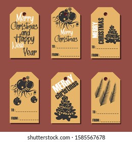 Collection of Six Retro Classical Merry Christmas and Happy New Year Gift Tags - Vector Illustration  - Printable and Editable