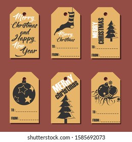 Collection of Six Retro Classical Merry Christmas and Happy New Year Gift Tags - Vector Illustration  - Printable and Editable