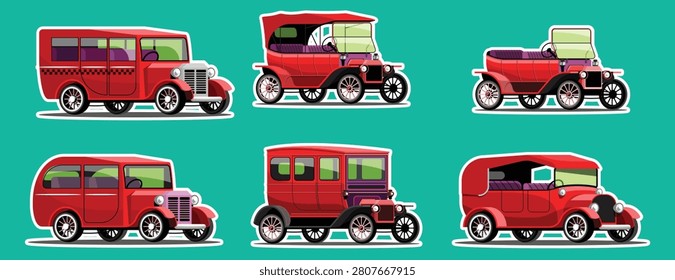 A collection of six retro red vintage car illustrations featuring antique automobiles, classic taxis, and old-fashioned open-top vehicles.