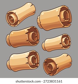 A collection of six rolled-up scrolls made of aged parchment, with torn edges, on a neutral background.