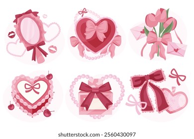 A collection of six romantic-themed illustrations featuring hearts, bows, flowers, and gift boxes in pink and red hues, symbolizing love and affection.