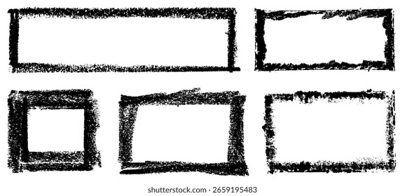 Kollektion von sechs rauen, handgezeichneten Rechteckrahmen in Schwarz mit Pinsel- und Grunge-Texturen. Geeignet für Poster, Labels oder künstlerische Layouts.
