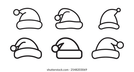 Collection of six Santa hat outline icons in simple and clean design, perfect for Christmas projects, festive decorations, holiday invitations, and seasonal graphics.