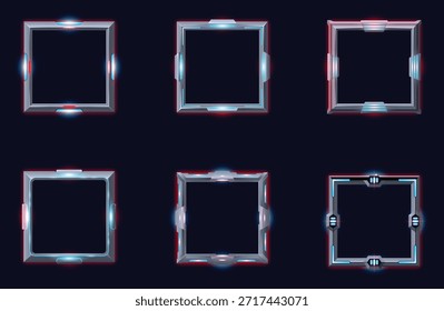 Colección de seis marcos de interfaz de usuario de juegos de ciencia ficción en estilo metálico con detalles azules y rojos brillantes
