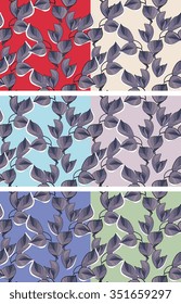 Collection of six seamless patterns with leaves and twigs. Vector illustration. 