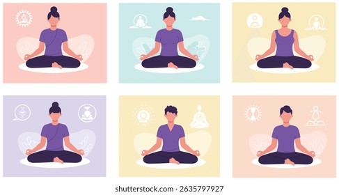 Uma coleção de seis serenas obras de arte do Illustrator representando indivíduos em várias poses de meditação. Cada desenho enfatiza a calma, atenção e paz interior através de figuras simples