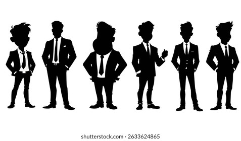  Collection of six silhouette cartoon businessmen in suits, showing distinct confident poses, isolated on white background