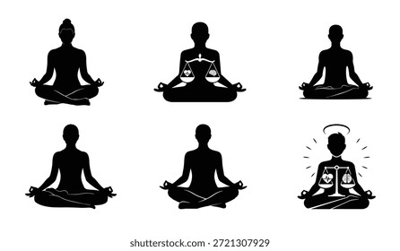 Colección de seis figuras de silueta en diferentes poses de meditación, aptas para temas de bienestar y espirituales.