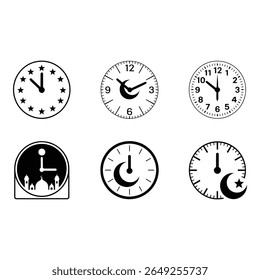 Coleção de Seis Simples Black Clock Ícones Minimalista Islâmico Timekeeping Design Ramadã Oração Gerenciamento de Tempo