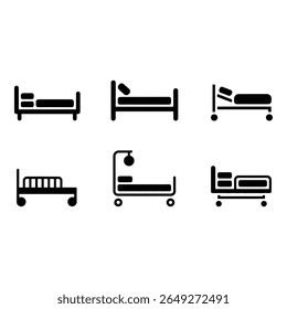 Collection of Six Simple Black Hospital Bed Icons Various Styles Minimalist Design Healthcare Concept